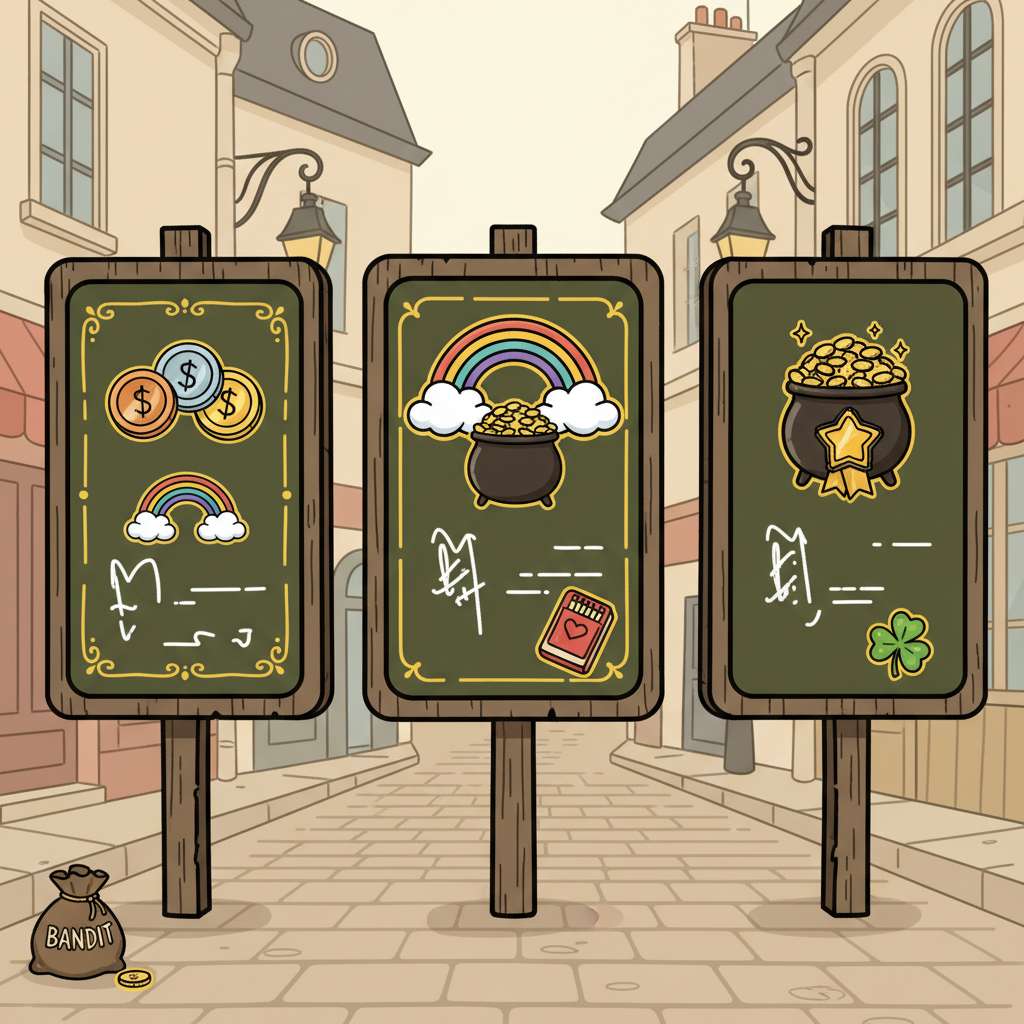 Tre bonuslägen i Le Bandit – Luck of the Bandit, All That Glitters is Gold och Treasure At the End of the Rainbow visade på skyltar i fransk gatumiljö