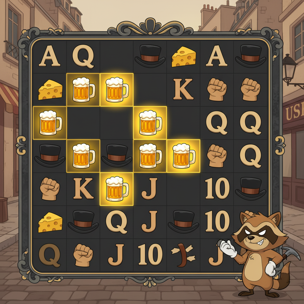 Exempel på cluster pays vinst i Le Bandit med 7 sammankopplade symboler