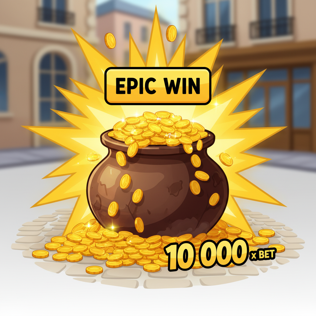 Max Win i Le Bandit – kruka som svämmar över med guldmynt och stjärnburst-märke med texten EPIC WIN för 10 000x insatsen