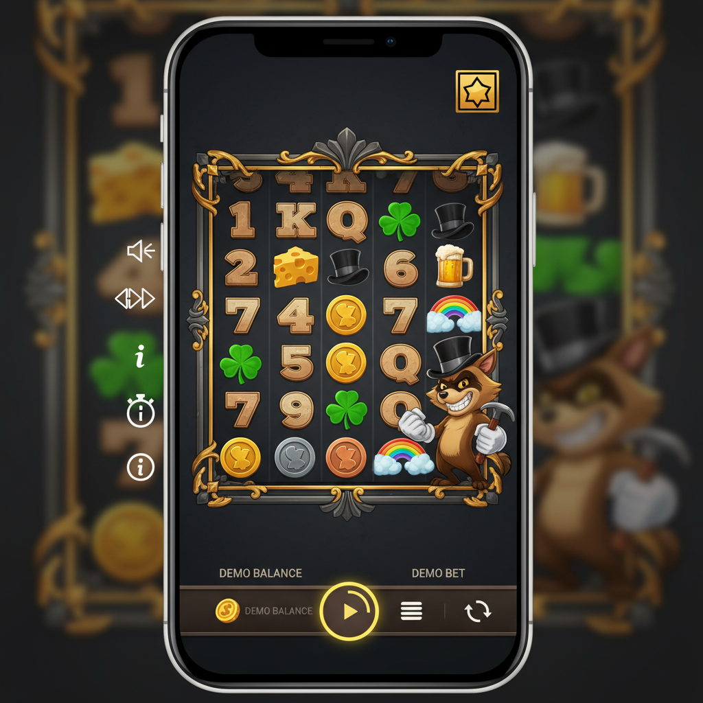 Le Bandit – huvudspelskärm på smartphone med 6x5 rutnät och tvättbjörnsfiguren