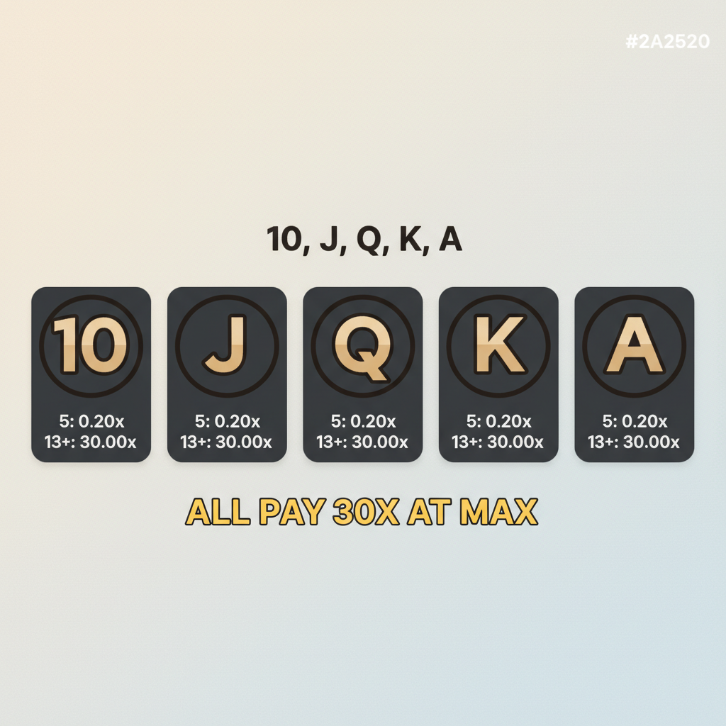 Kortsymboler 10, J, Q, K, A i Le Bandit — alla betalar 30x vid max