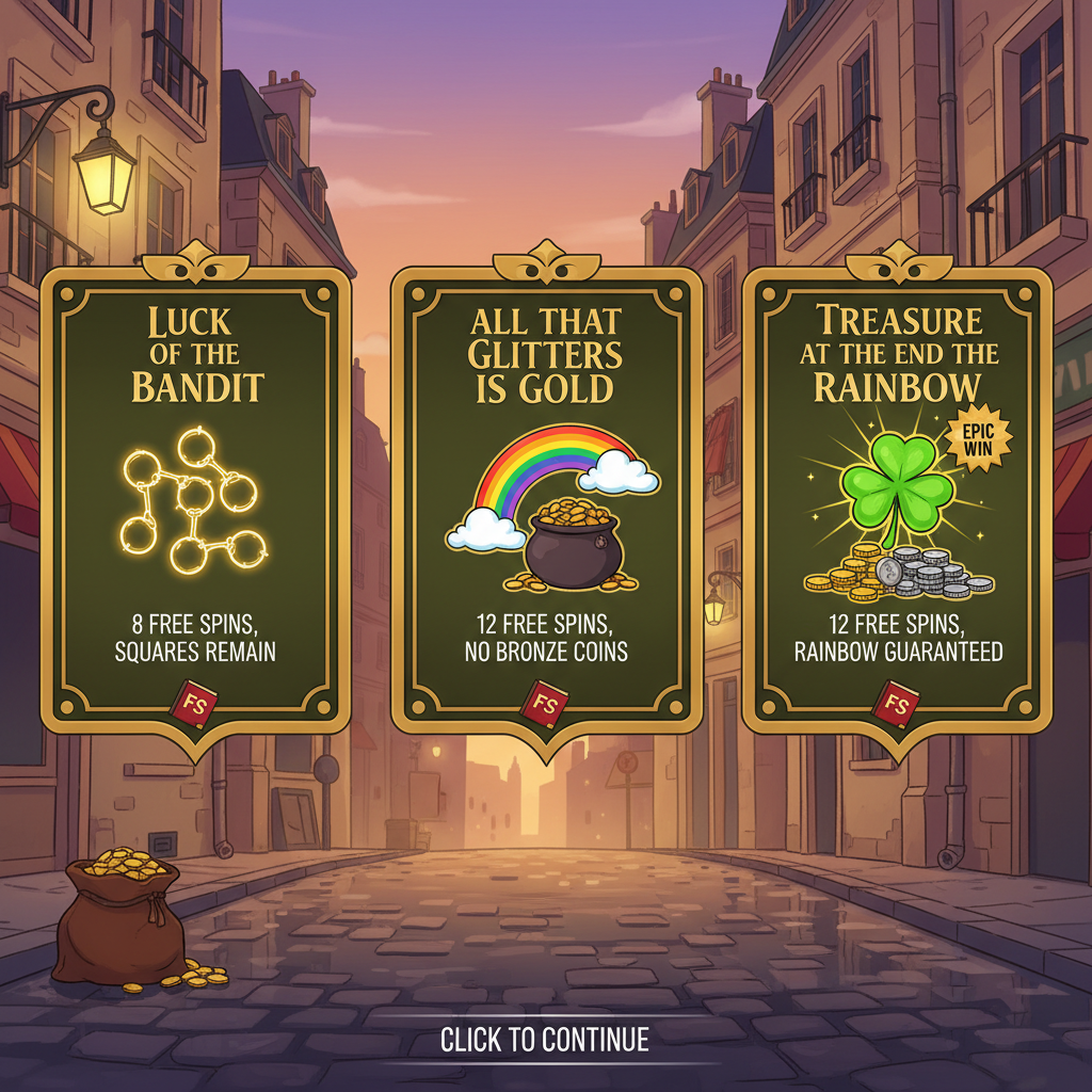 Tre bonuslägen i Le Bandit – Luck of the Bandit, All That Glitters is Gold och Treasure At the End of the Rainbow presenterade på skyltar i fransk stadsmiljö